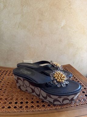 Coach Black Wedge Thong Sandals with Gold & Clear Crystal Floral Accents
